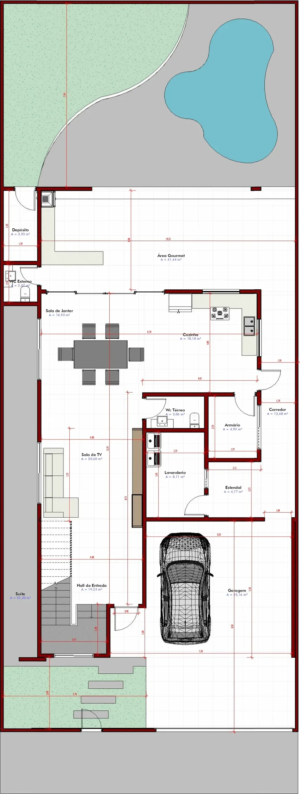 Planta baixa do pavimento térreo, com cotas, área de cada ambiente e layout de mobiliário