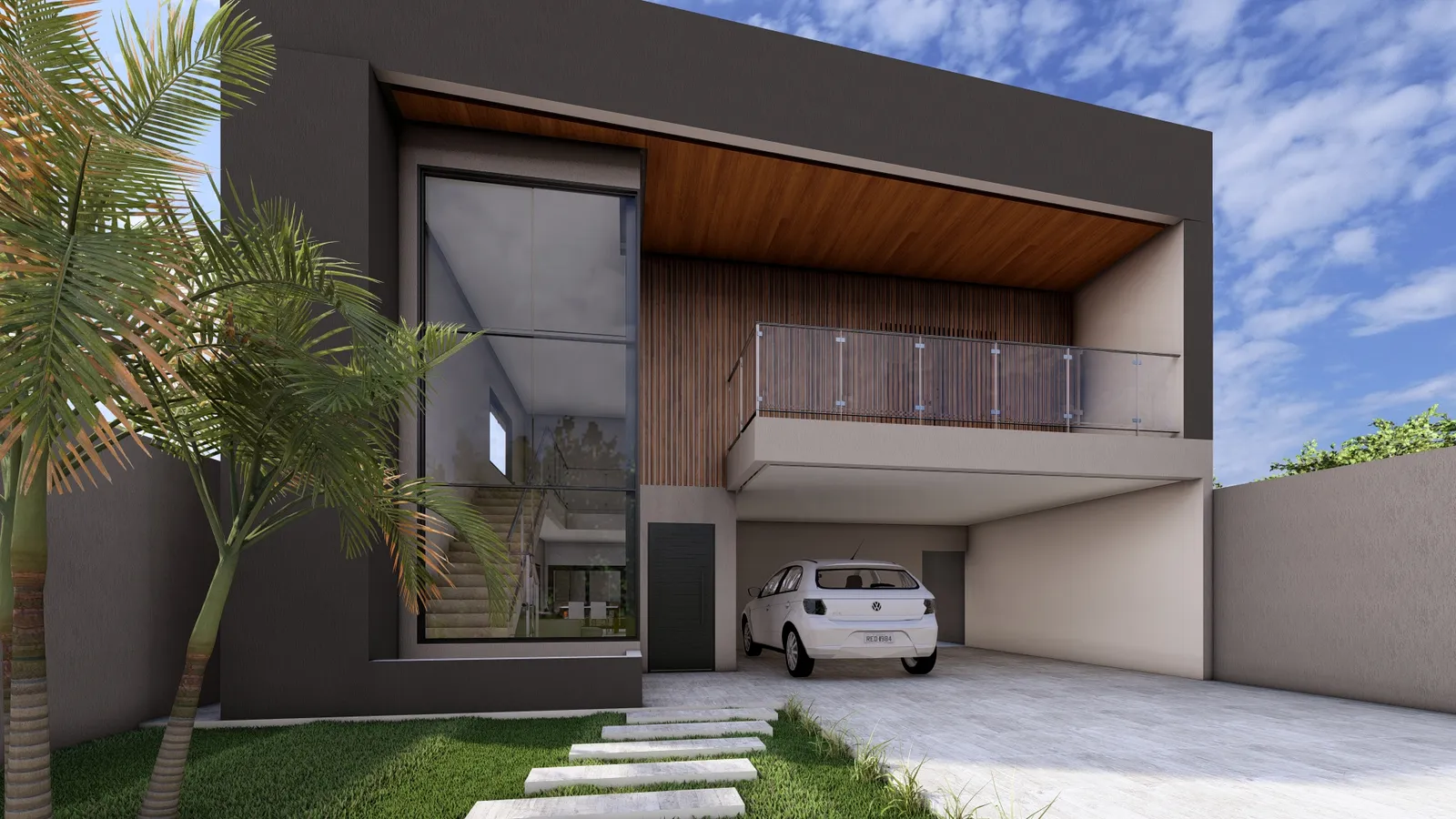 Renderização tridimensional da fachada da residência, vista do acesso