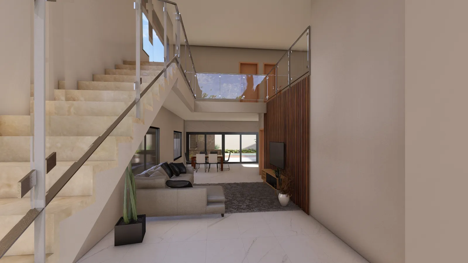 Renderização do interior integrado, com o pé-direito duplo da sala