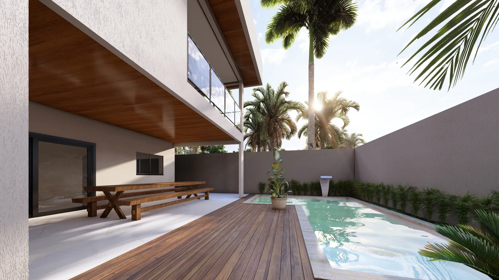 Renderização da área gourmet e da piscina, nos fundos do lote