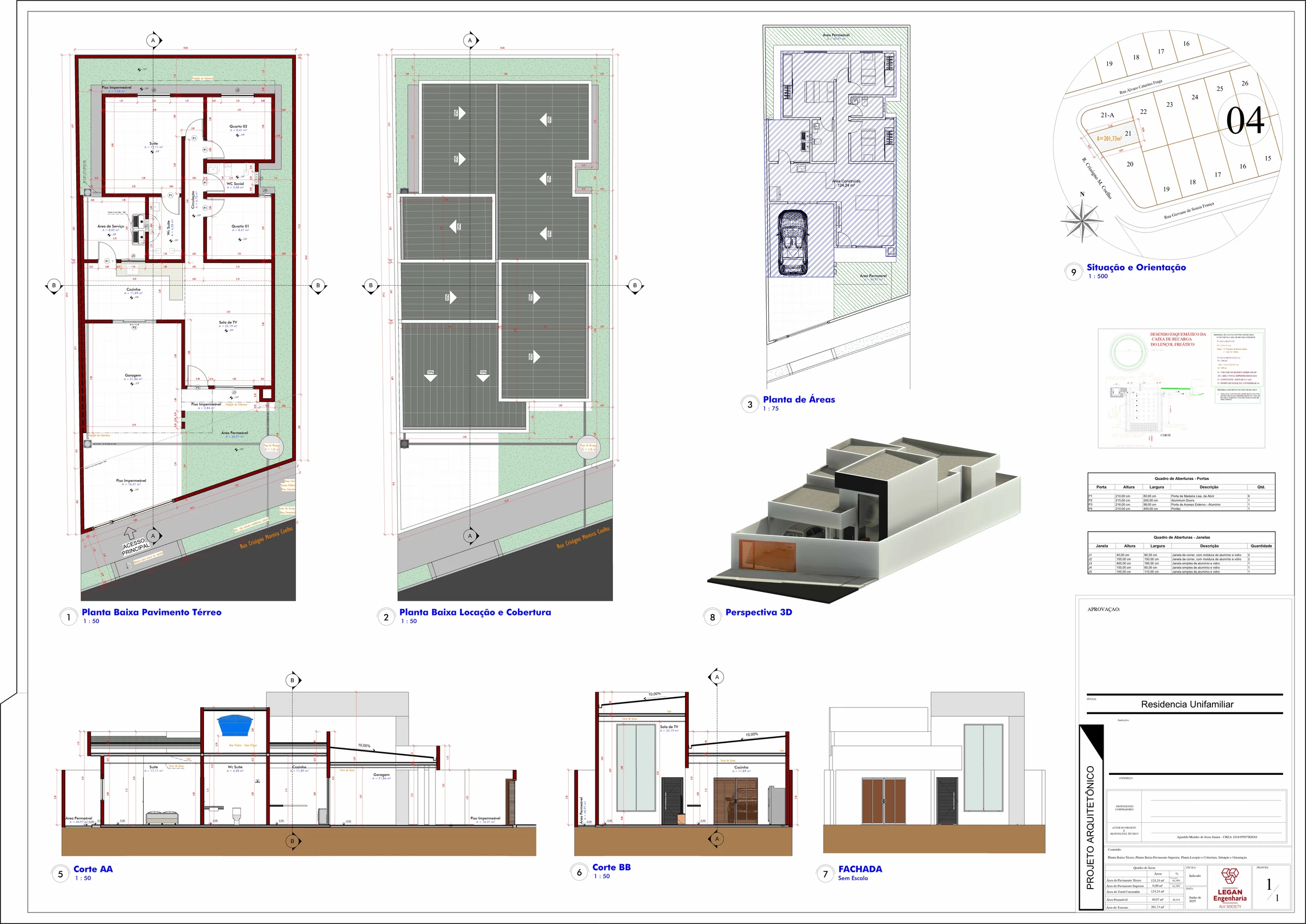 Prancha completa do projeto arquitetônico: planta baixa, locação e cobertura, planta de áreas, cortes, fachada, perspectiva e quadro de aberturas