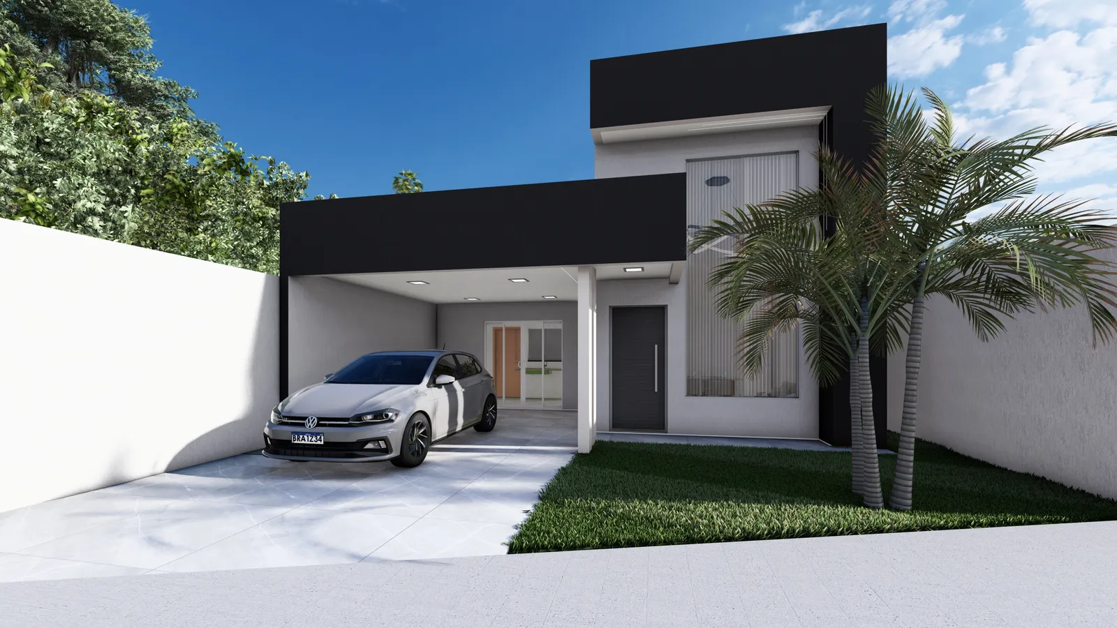 Renderização da fachada da residência térrea, com garagem coberta