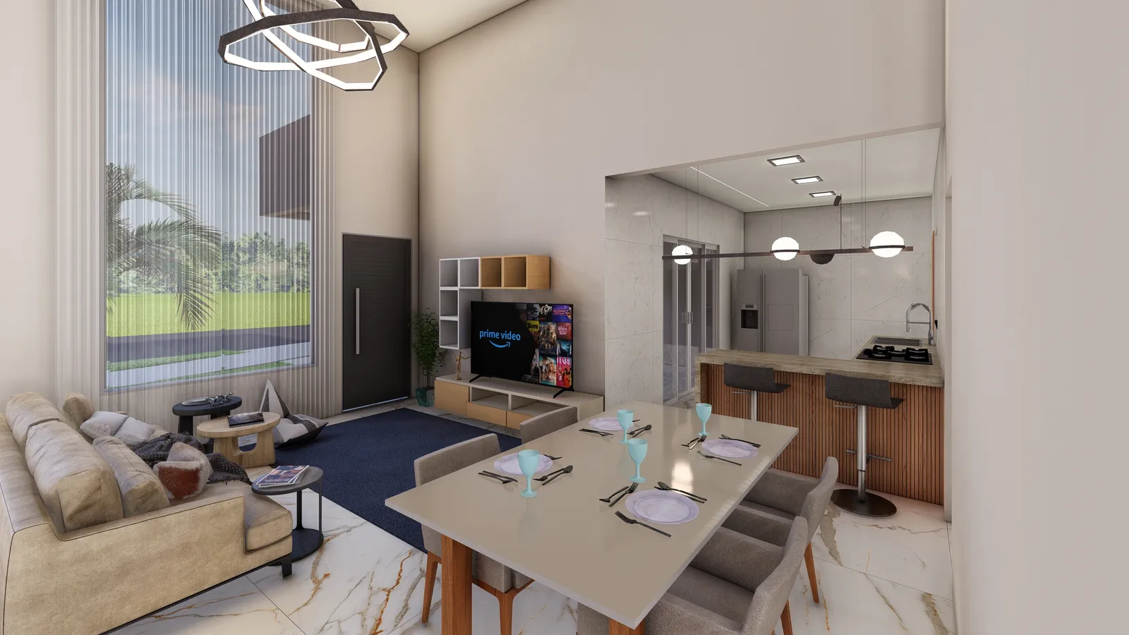 Renderização do interior, com sala e cozinha integradas
