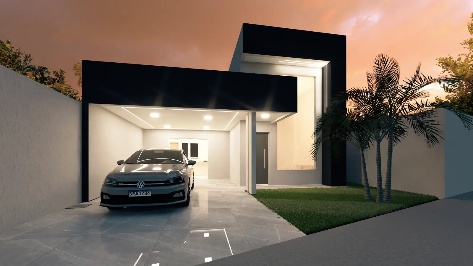 Renderização da mesma residência ao entardecer