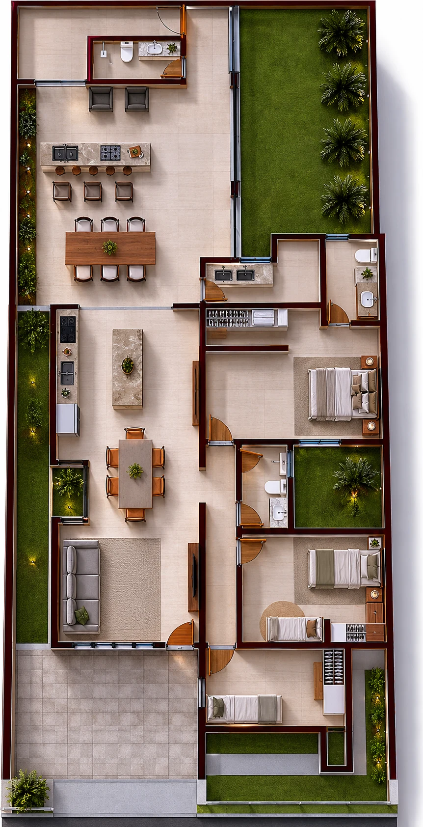 Planta humanizada vista de cima, com mobiliário, vegetação e revestimentos