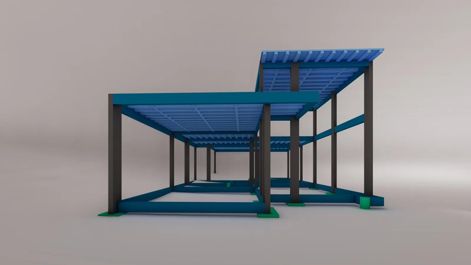 Modelo tridimensional da estrutura, com pilares, vigas e laje treliçada distinguidos por cor